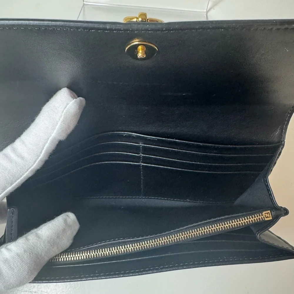 Fendi Women’s Black Long Leather Wallet with Gold Accent